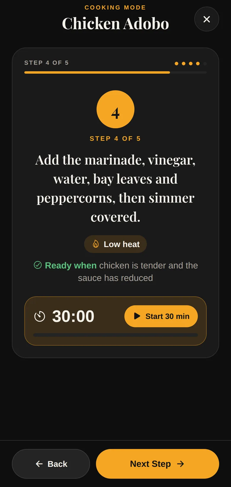 Cooking mode showing step 4 of Chicken Adobo with a 30-minute timer