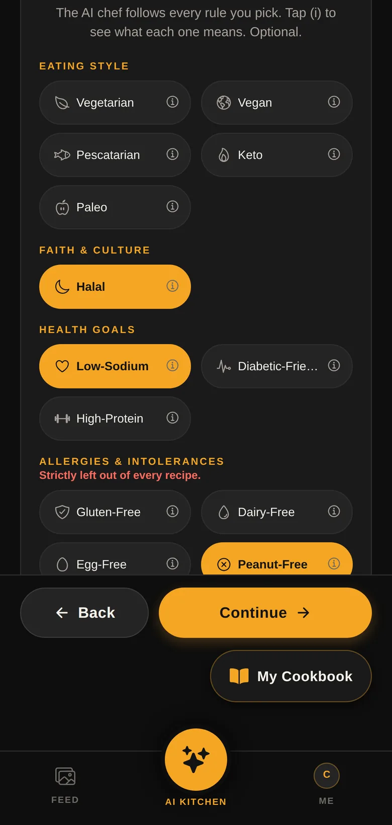 Diet screen with Halal, Low-Sodium and Peanut-Free selected