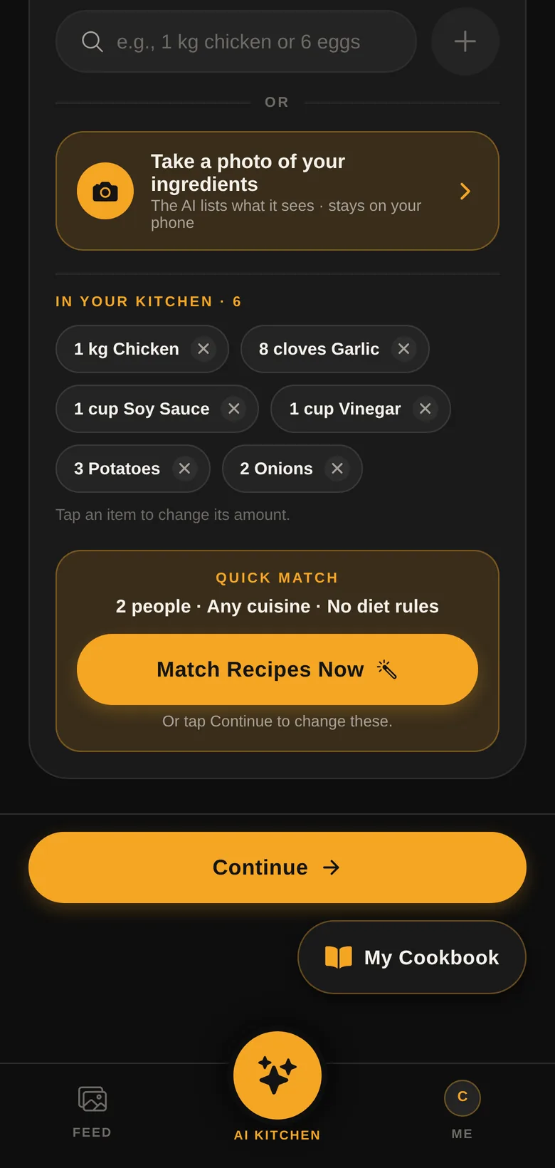 Refrigenerate AI Kitchen with ingredients and Quick Match