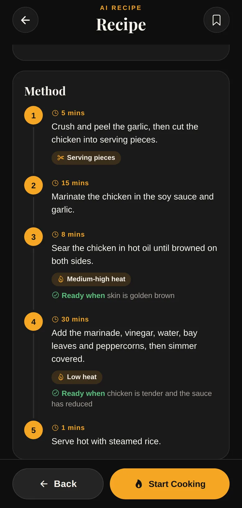 Chicken Adobo recipe steps showing times, heat levels and when each step is ready